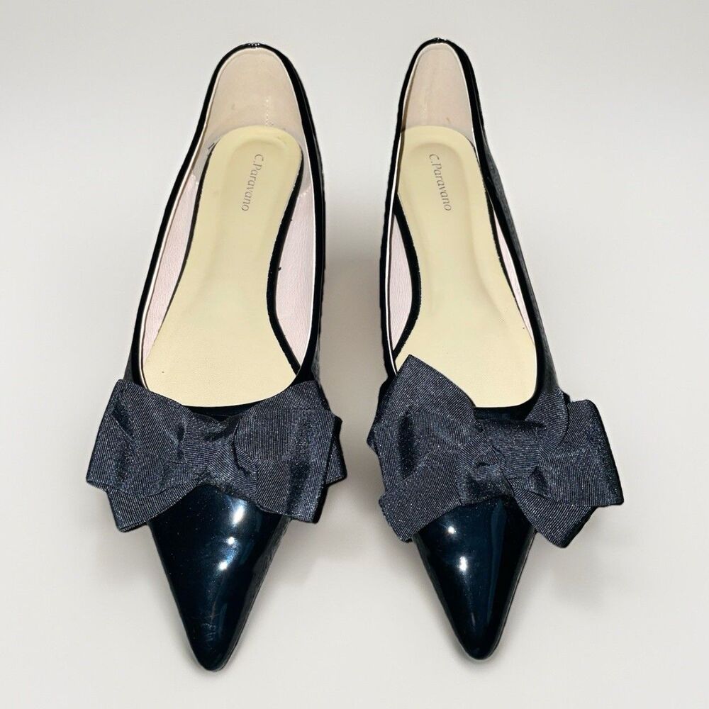 C.Paravano Women Size 40 Black ballet core Leather Pointed Toe bow slip on flat